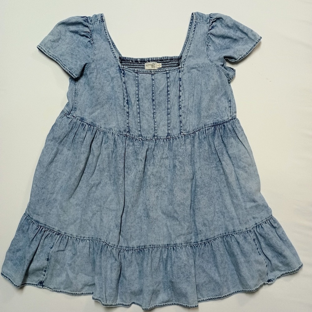 Terra & Sky Blue Chambray Acid Wash Tiered Country Concert Peasant Boho Dress 1X